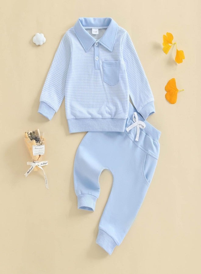 FOCUSNORM Toddler Baby Boy Clothes Plaid Long Sleeve Sweatshirt Pullover Tops + Joggers Pants Infant Boy Fall Winter Outfits (Cute Blue, 12-18 Months) - Image 5