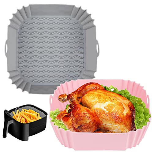 Boribim 2 PCS Square Silicone Air Fryer Liners - 8 Inch Air Fryer Reusable Liners - Kitchen Accessories - AirFryer Inserts for 4 to 7 QT Oven Microwave Accessories (Grey + Pink) - Image 1