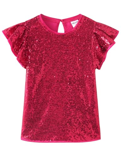 Noomelfish Girls Short Sleeve Sequin Shirts Party Glitter Sparkly Tops Blouse, Hot Pink, Size 11-12 Years - Image 3
