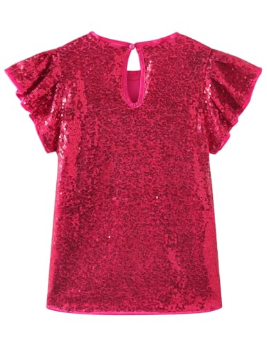 Noomelfish Girls Short Sleeve Sequin Shirts Party Glitter Sparkly Tops Blouse, Hot Pink, Size 11-12 Years - Image 2