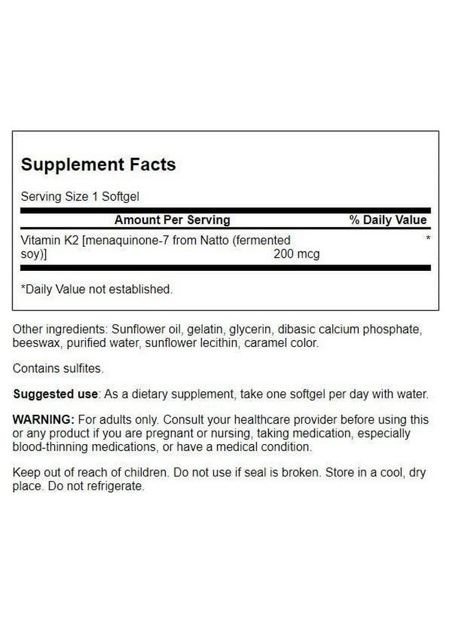 Swanson Maximum Strength Vitamin K2 (Menaquinone-7)-Vitamin Supplement Supporting Cardiovascular and Bone Health-Made from Japanese Natto to Help Regulate Calcium (30 Softgels, 200mcg Each) (3 Pack) - Image 2