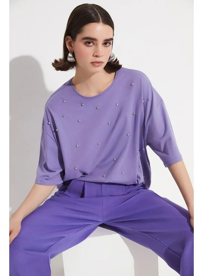 جون June Stone Detailed 100% Cotton Tshirt Purple