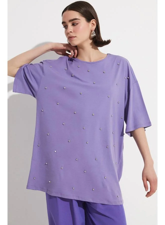 جون June Stone Detailed 100% Cotton Tshirt Purple