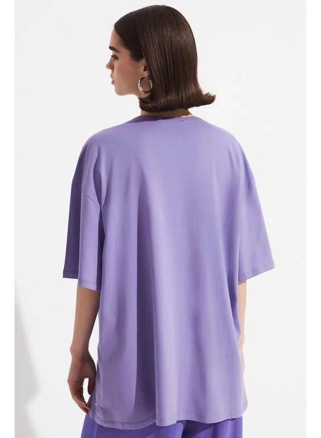جون June Stone Detailed 100% Cotton Tshirt Purple