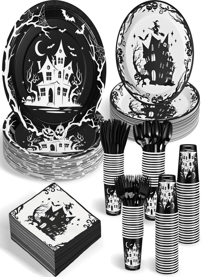 Maxdot 500 Pcs Halloween Party Supplies Spooky House Plates Cups Napkins and Cutlery Set Disposable Halloween Party Tableware Set for Day of the Dead Ghost Birthday Decoration Serves 50 Guests - Image 1