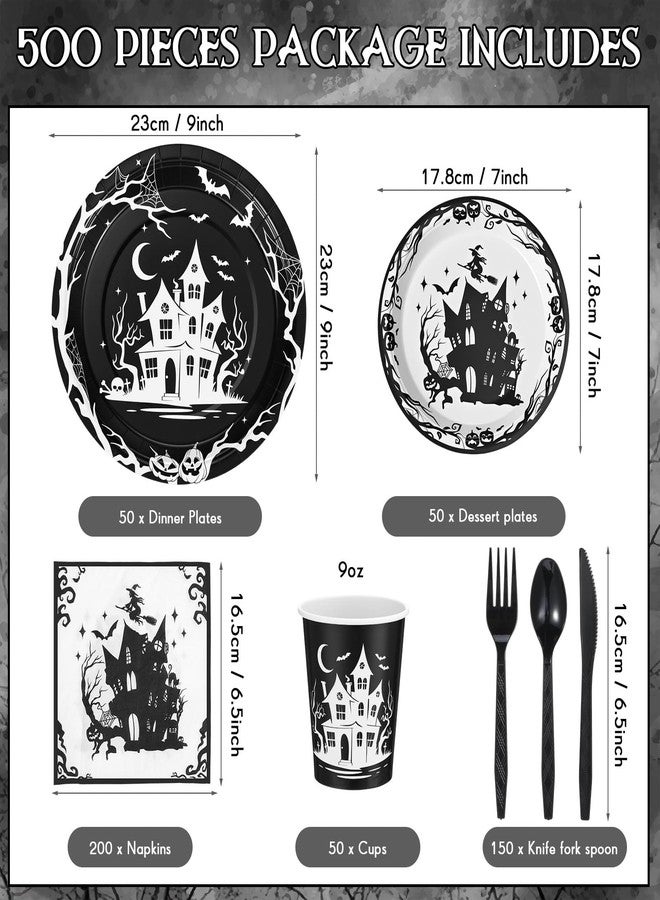 Maxdot 500 Pcs Halloween Party Supplies Spooky House Plates Cups Napkins and Cutlery Set Disposable Halloween Party Tableware Set for Day of the Dead Ghost Birthday Decoration Serves 50 Guests - Image 2