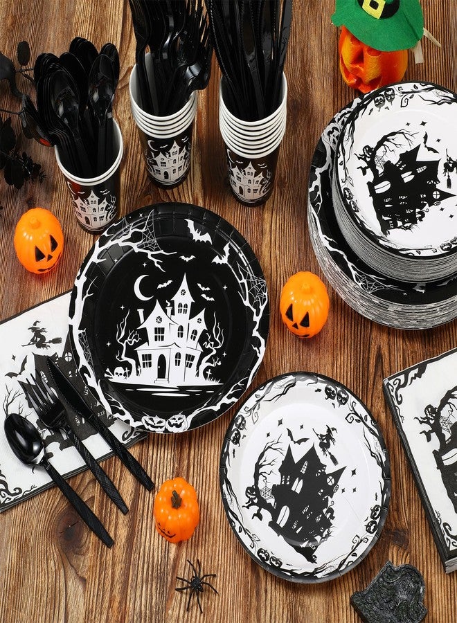 Maxdot 500 Pcs Halloween Party Supplies Spooky House Plates Cups Napkins and Cutlery Set Disposable Halloween Party Tableware Set for Day of the Dead Ghost Birthday Decoration Serves 50 Guests - Image 4