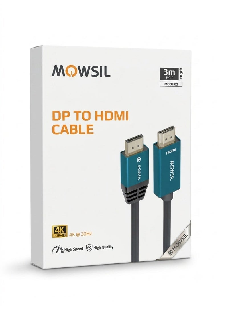 MOWSIL DisplayPort to HDMI Cable 3M - 4K@30Hz Ultra HD Converter for PC, Laptop, Monitor, TV