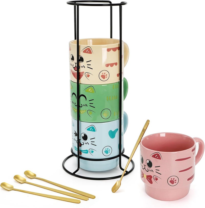 Cedilis Set of 4 Stackable Cat Mug with Stand and Spoon 15 oz Cute Ceramic Coffee Mug for Cat Lover Cappuccino Tea Hot Cocoa Latte Drinks Green Blue Pink Yellow - Image 1