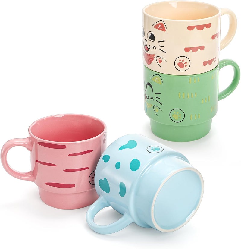 Cedilis Set of 4 Stackable Cat Mug with Stand and Spoon 15 oz Cute Ceramic Coffee Mug for Cat Lover Cappuccino Tea Hot Cocoa Latte Drinks Green Blue Pink Yellow - Image 4