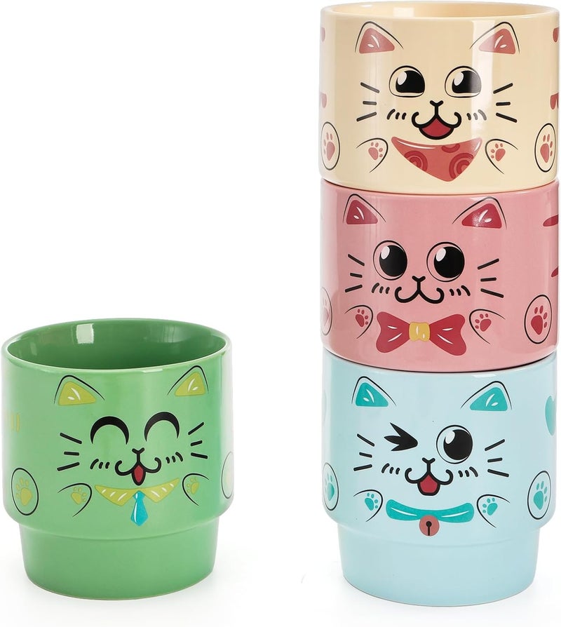 Cedilis Set of 4 Stackable Cat Mug with Stand and Spoon 15 oz Cute Ceramic Coffee Mug for Cat Lover Cappuccino Tea Hot Cocoa Latte Drinks Green Blue Pink Yellow - Image 3
