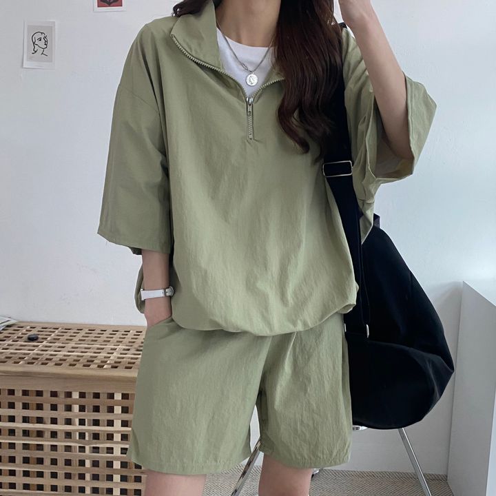 Womens Casual Chic Zip-Up Turtleneck Short Set 073 Green (clothes + pants)