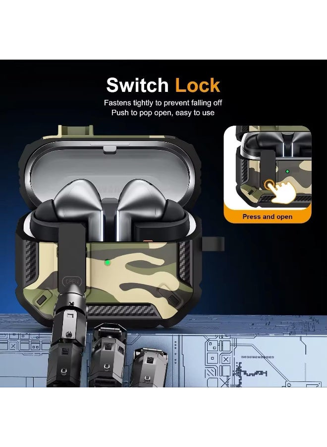 case Compatible with Samsung Galaxy Buds 3 Pro/Buds 3 Case Full-Body Shockproof (Secure Lock) Galaxy Buds 3 & Galaxy Buds 3 Pro (2024) with Carabiner (Camo Green) - Image 4