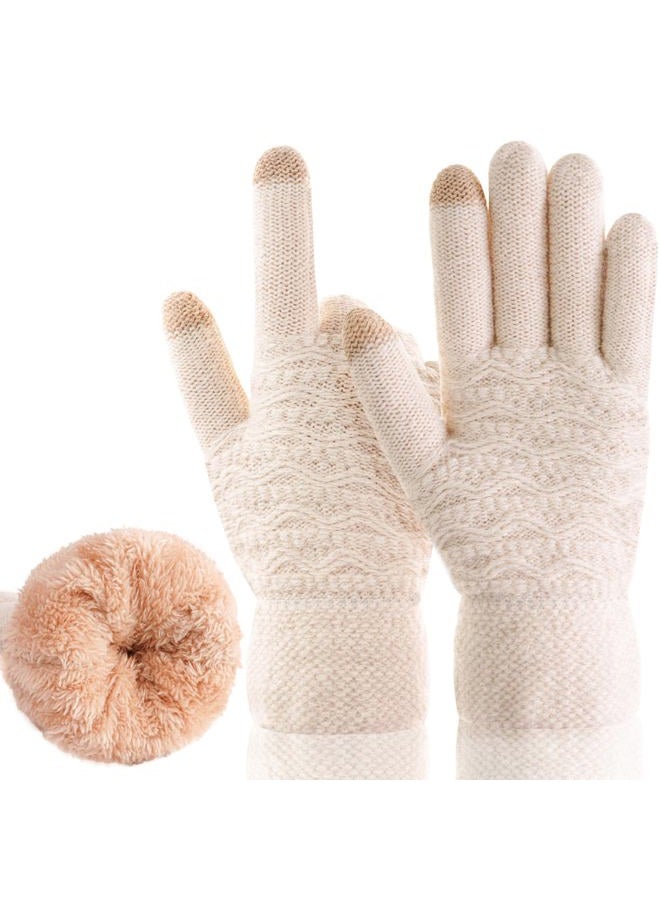 FENELY Women's Winter Warm Touch Screen Gloves Womens Thermal Cable Knit Wool Fleece Lined Glove for Cold Weather, White, One size - Image 1