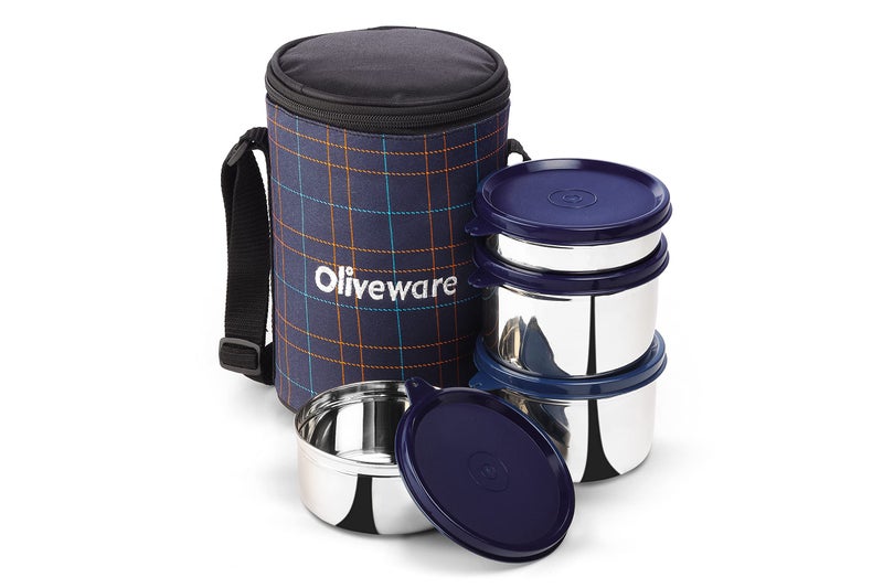 SOPL-OLIVEWARE Mega Lunch Box, 100% Leak Proof, 4 Stainless Steel Containers with Bpa Free Airtight Lids (300Ml, 450Ml & 2X600Ml), Fabric Bag (Blue) - Image 1