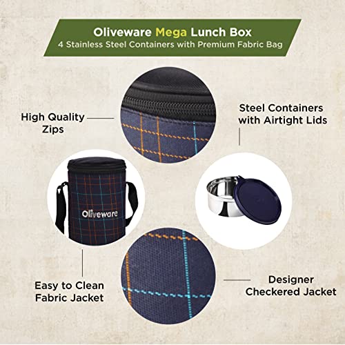 SOPL-OLIVEWARE Mega Lunch Box, 100% Leak Proof, 4 Stainless Steel Containers with Bpa Free Airtight Lids (300Ml, 450Ml & 2X600Ml), Fabric Bag (Blue) - Image 3