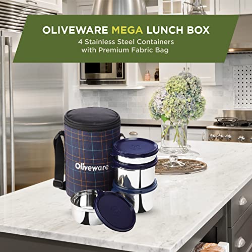SOPL-OLIVEWARE Mega Lunch Box, 100% Leak Proof, 4 Stainless Steel Containers with Bpa Free Airtight Lids (300Ml, 450Ml & 2X600Ml), Fabric Bag (Blue) - Image 4