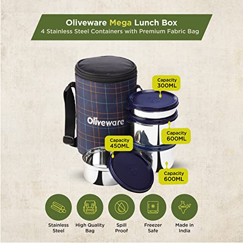SOPL-OLIVEWARE Mega Lunch Box, 100% Leak Proof, 4 Stainless Steel Containers with Bpa Free Airtight Lids (300Ml, 450Ml & 2X600Ml), Fabric Bag (Blue) - Image 2