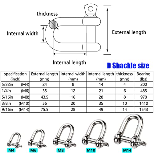 Reedny Stainless Steel 304 D Shape Shackle 5/32", 1/4", 5/16",3/8", 9/16", for Chains Wirerope Lifting Outdoor Camping Survival Rope Bracelets Or for Heavy Duty Construction (5/16" 4Pcs) - Image 2