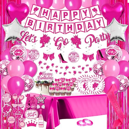 jenlion Hot Pink Birthday Party Decorations for Women GirlsHappy Birthday BannerHanging SwirlFoil balloonsParty Supplies Decor for 10th 13th 16th 18th 21st - Image 1