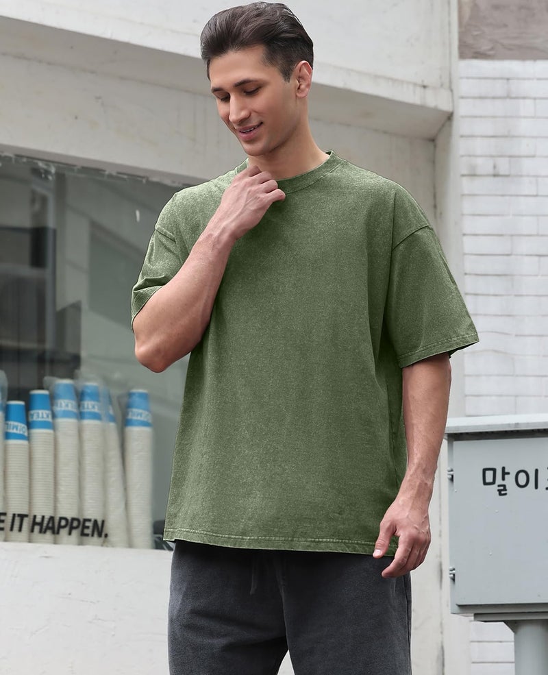 KEEPSHOWING 3 Pcs Oversized Heavy Cotton Summer T-Shirts Vintage Unisex Short Sleeves Casual Loose Basic Tops(Black+Coffee+ArmyGreen L) - Image 3