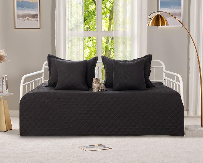 Feyocn 5-Piece Daybed Cover Set Black,Twin Cozy Daybed Bedding Sets for All Season Double Sided-Quilting Daybed Comforter Bedspread, Geometric Print Day Bed Cover for Twin Bed with 4 Pillow Shams,39"x75" - Image 1