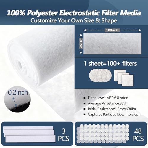 Demiwise MERV 8 Air Vent Filters Kit 20x100 Inch|Cut to Fit (60+ Filters) Filter Material,High-Grade Electrostatic Filter Media with 48 Hooks for Home Floor, Ceiling, HVAC Furnace Vents & Grilles - Image 3