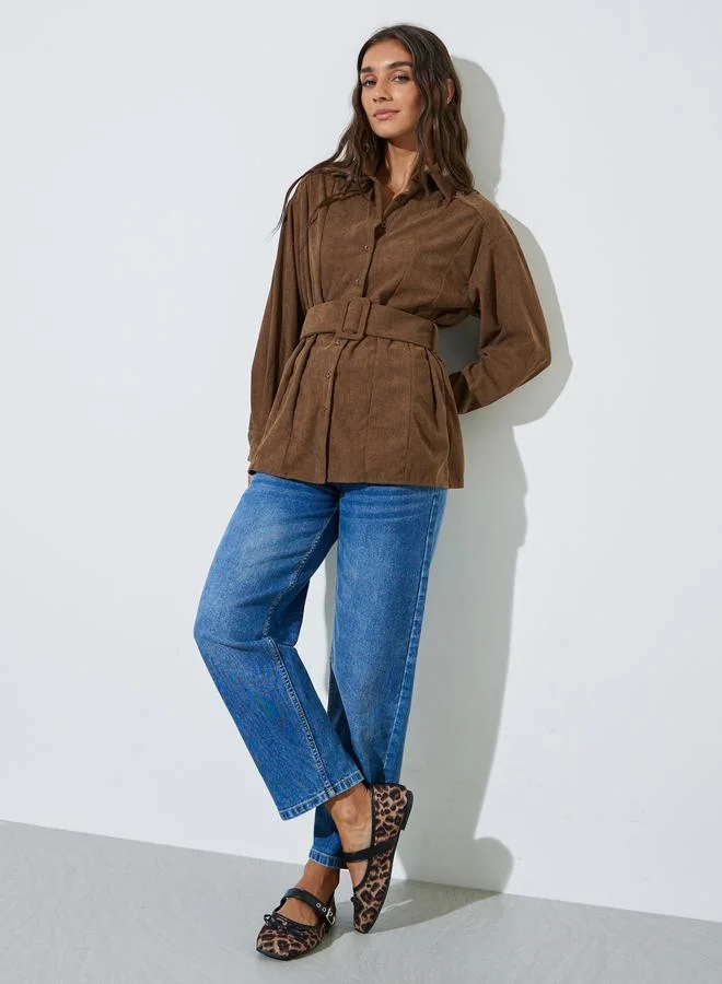 ستايلي Brown Longline Corduroy Shirt with Belt