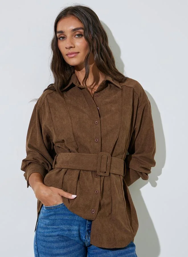 ستايلي Brown Longline Corduroy Shirt with Belt