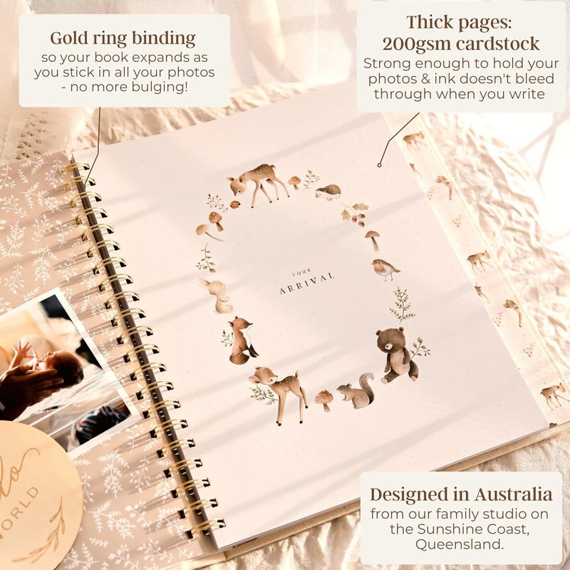 Peachly Unisex Baby Memory Book | Minimalist First Year Baby Book Keepsake for Milestones | Baby Scrapbook for Boy or Girl | Natural Linen - Forest - Image 3