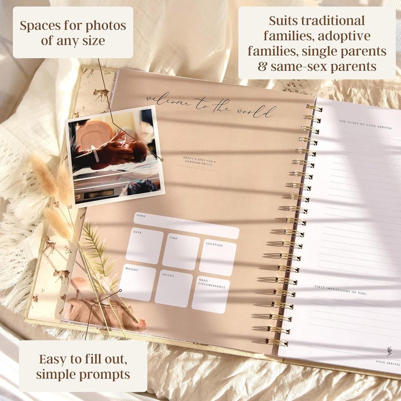 Peachly Unisex Baby Memory Book | Minimalist First Year Baby Book Keepsake for Milestones | Baby Scrapbook for Boy or Girl | Natural Linen - Forest - Image 4