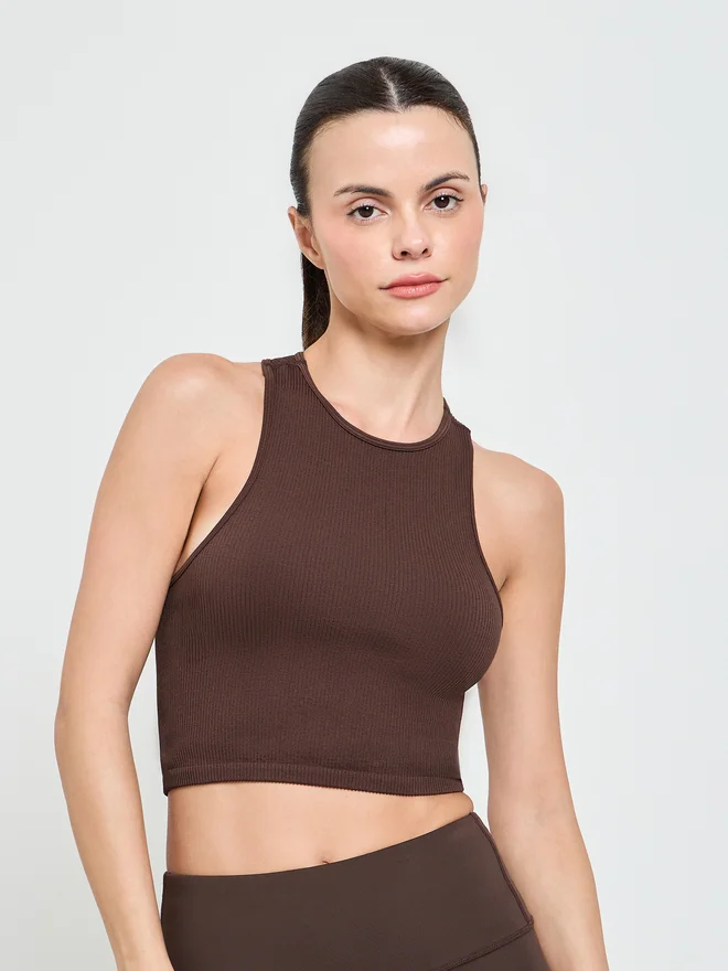 Styli Styli Brown Rib Textured Crop Tank