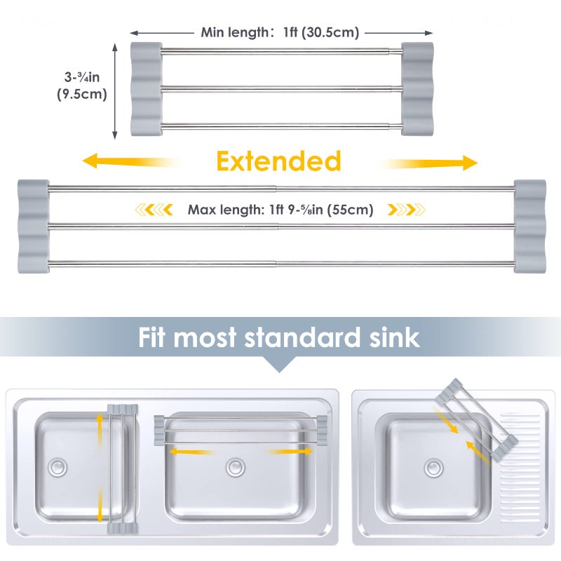 Tomorotec Adjustable Over-The-Sink Kitchen Rack for Dishcloths, Sponges, Bottles and Brushes - Heat-Resistant Stainless Steel with Slim, Expandable Design and Multifunctional Silicone Holder - Image 4