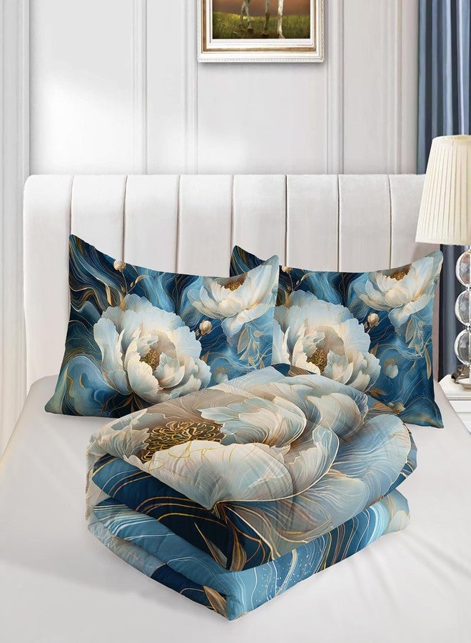 HOSIMA Floral Queen Bedding Sets for Women Girls Room Decor,Blue Golden Marble Grain Ink Fluid Art Comforter Floral Bedding,Fluffy White Flowers Pattern Lightweight Comforter with 2 Pillowcases. - Image 5