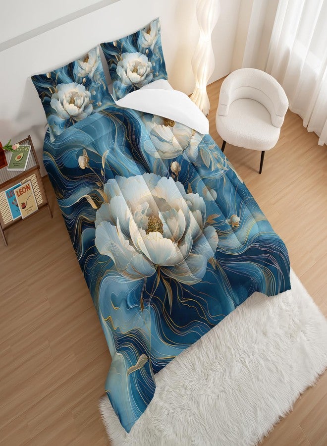 HOSIMA Floral Queen Bedding Sets for Women Girls Room Decor,Blue Golden Marble Grain Ink Fluid Art Comforter Floral Bedding,Fluffy White Flowers Pattern Lightweight Comforter with 2 Pillowcases. - Image 3