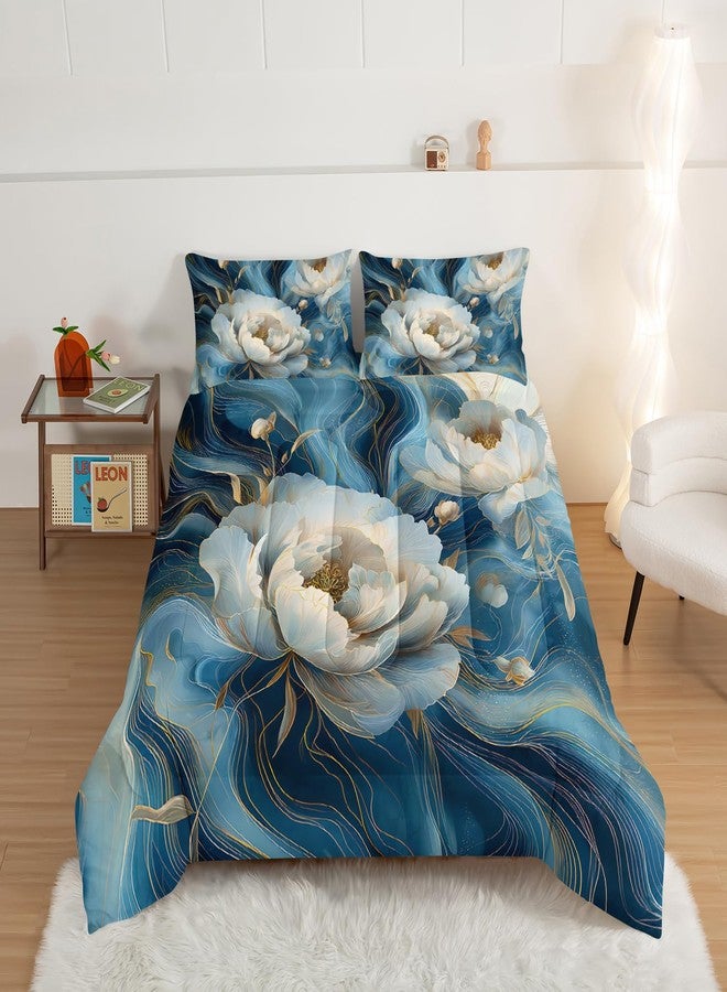 HOSIMA Floral Queen Bedding Sets for Women Girls Room Decor,Blue Golden Marble Grain Ink Fluid Art Comforter Floral Bedding,Fluffy White Flowers Pattern Lightweight Comforter with 2 Pillowcases. - Image 2