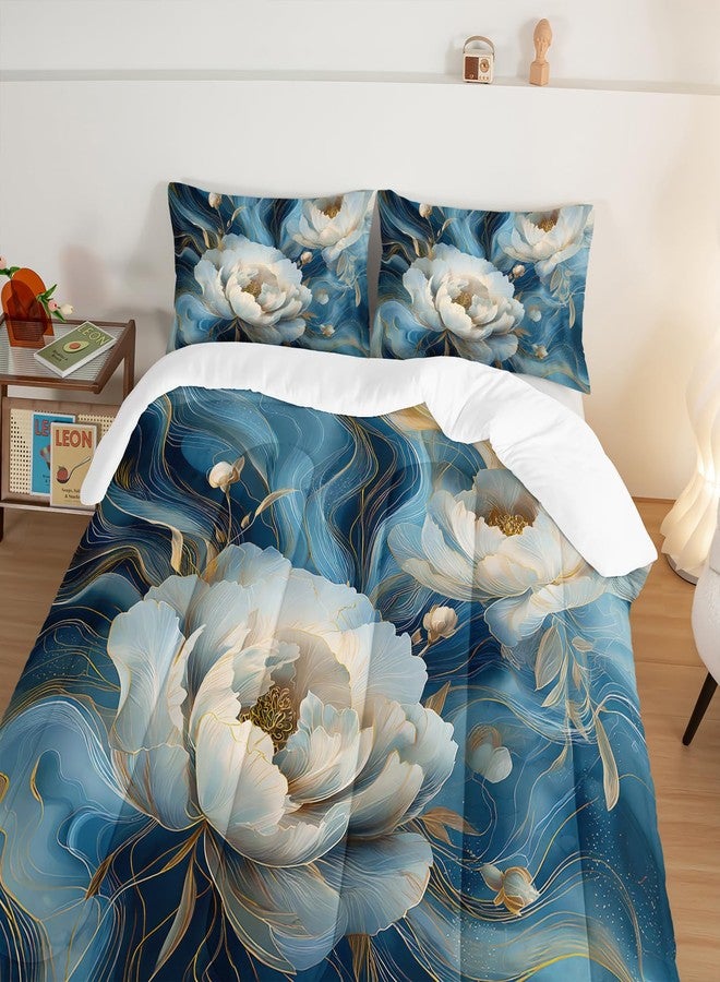 HOSIMA Floral Queen Bedding Sets for Women Girls Room Decor,Blue Golden Marble Grain Ink Fluid Art Comforter Floral Bedding,Fluffy White Flowers Pattern Lightweight Comforter with 2 Pillowcases. - Image 4