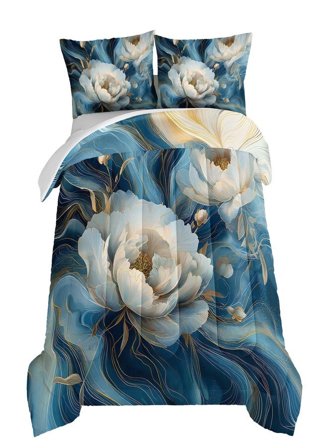 HOSIMA Floral Queen Bedding Sets for Women Girls Room Decor,Blue Golden Marble Grain Ink Fluid Art Comforter Floral Bedding,Fluffy White Flowers Pattern Lightweight Comforter with 2 Pillowcases. - Image 1