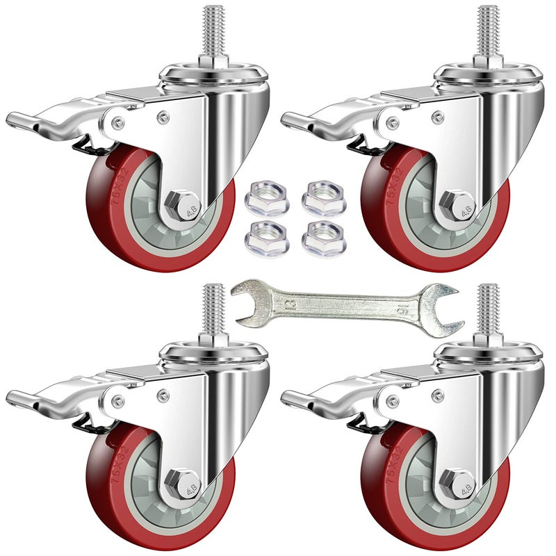 DICASAL 3 Inch Heavy Duty Stem Casters 360 Degree Swivel Thread Wheels with Metric Size M12175 Screw Bolt Double Locking Brake Castor Wheel Load Capacity Upto 900 Lbs Pack of Four