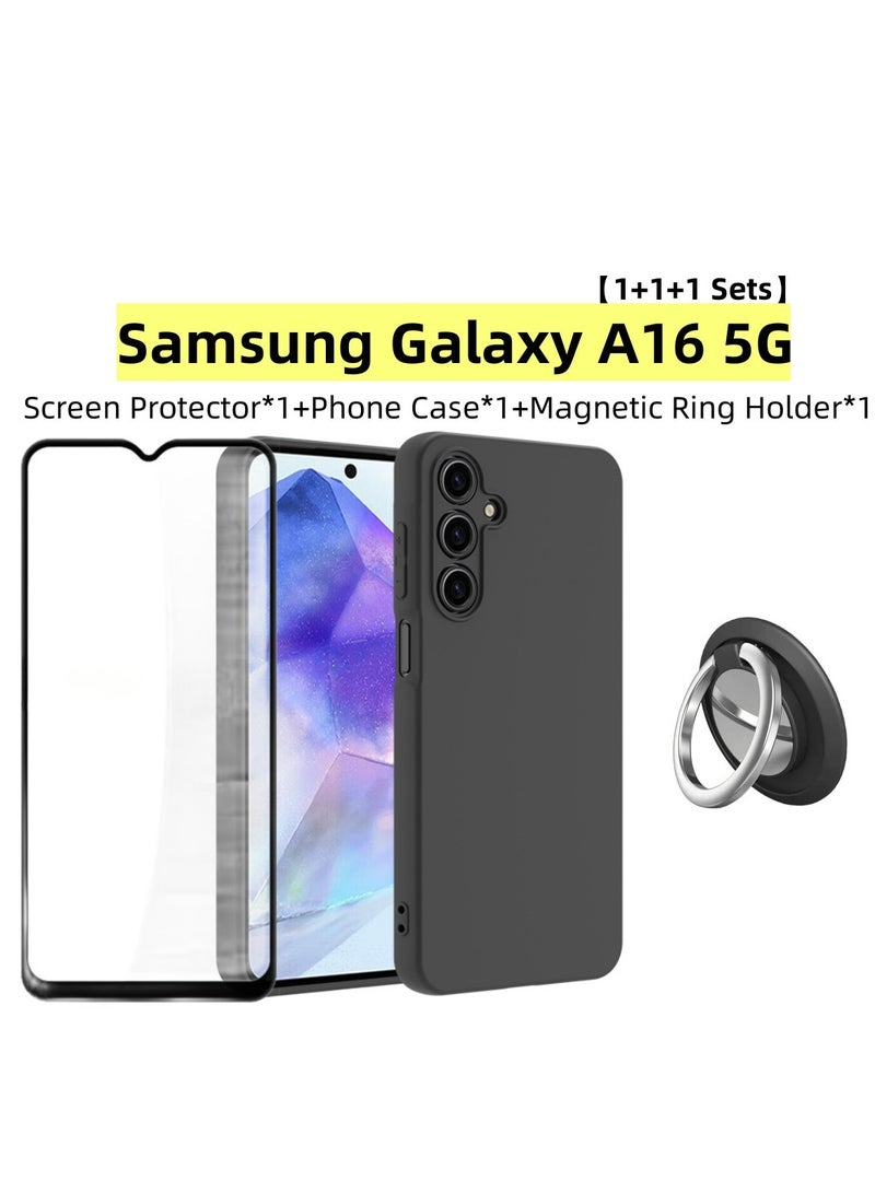【1+1+1 Sets】for Samsung Galaxy A16 Case & Screen Protector & Magnetic Ring Holder Frosted Pudding Material TPU Cover with Tempered Glass Screen Protector,Ring Holder Suitable for Car Magnetic Attraction - Image 1