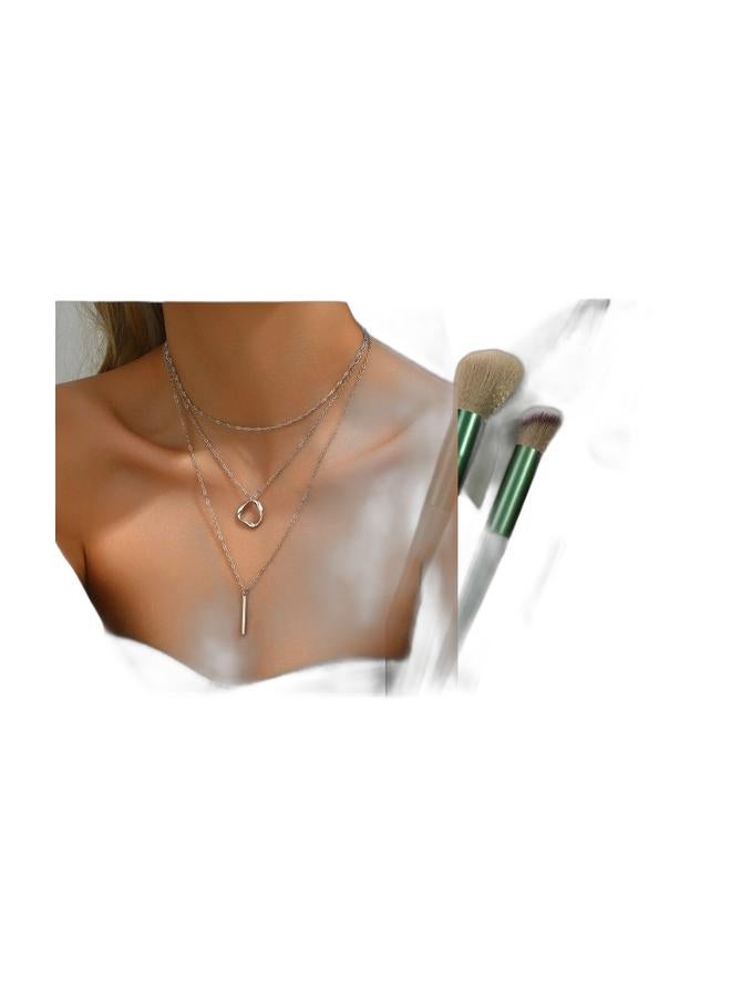 Delicate Silver Multi Layer Chain Necklace, Luxury Stackable Fashion Accessories for Ladies & Soft Makeup Brushes Set Multi-Function Cosmetic Beauty Tools Bundle - Image 1