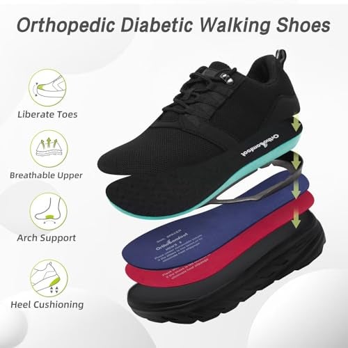 OrthoComfoot Men's Orthopedic Diabetic Wide Walking Shoes: Ergonomic Soft Arch Support Fashion Sneakers for Shock Absorber, Comfortable Plantar Fasciitis Shoes for Flat Feet Black Size 11 - Image 3