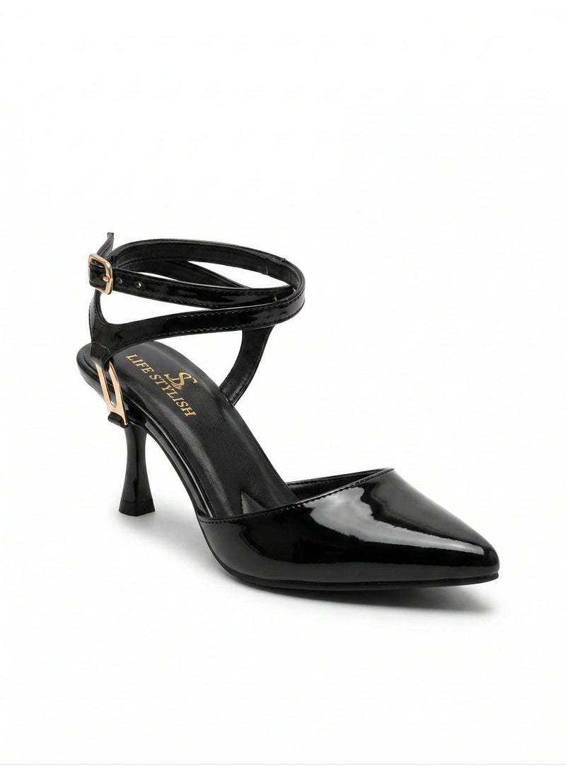 LIFESTYLISH Shoes Heels Leather Glossy Elegant F-623 - Black - Image 2