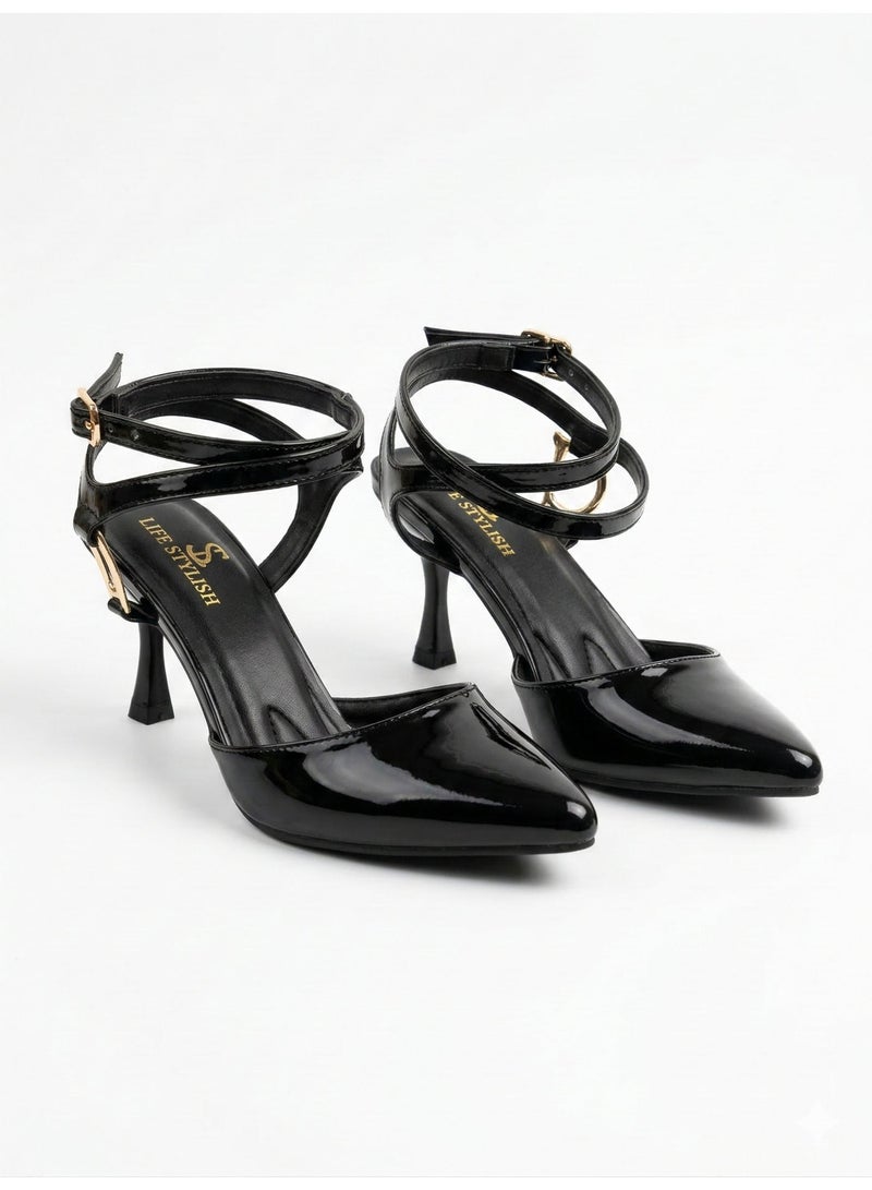LIFESTYLISH Shoes Heels Leather Glossy Elegant F-623 - Black - Image 4