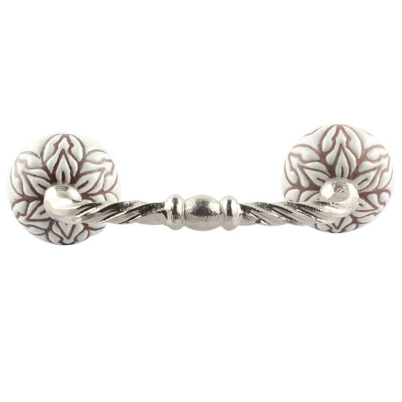 Indian-Shelf IndianShelf 1 Pack Ceramic Cream Drawer Pulls Floral Vintage Kitchen Cabinet Handles Silver Hardware 4 Hole to Hole Dresser Door Handle BH629CK1360 