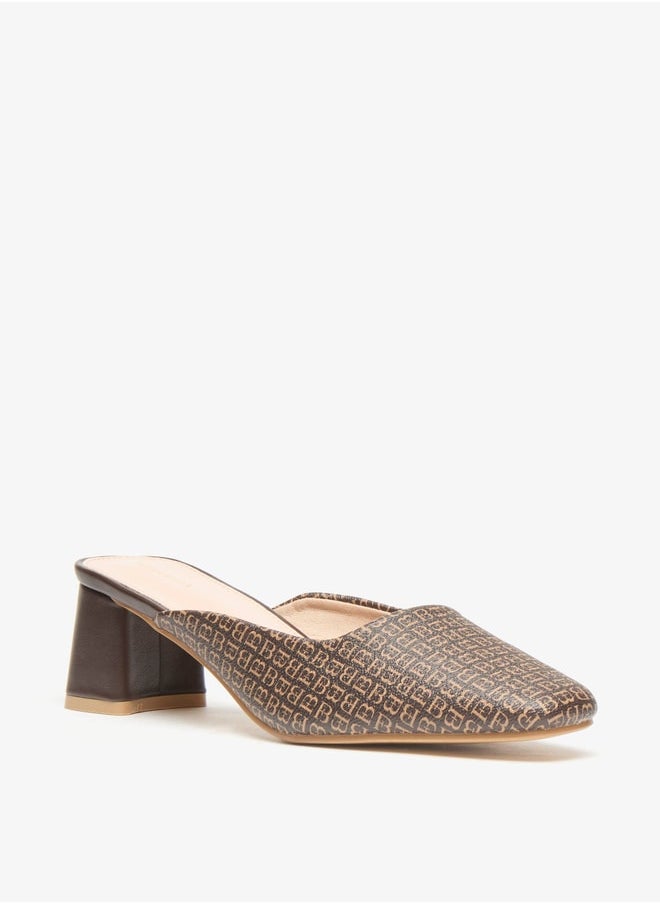 Flora Bella By Shoexpress - Women's All-Over Monogram Print Slip-On Mules with Block Heels - Image 1