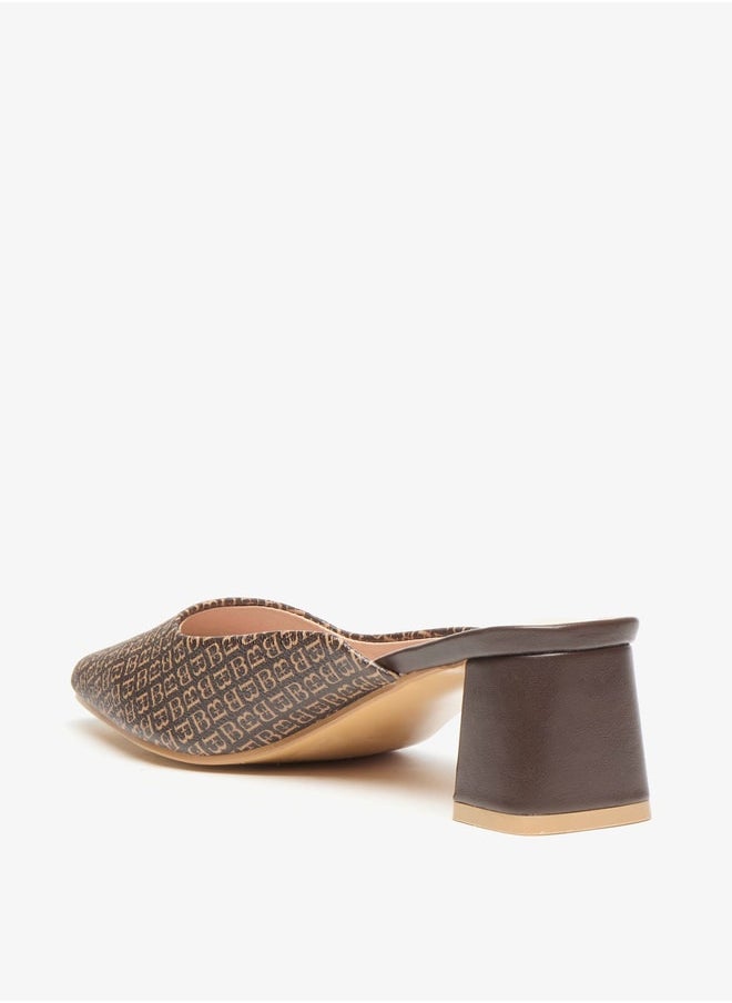 Flora Bella By Shoexpress - Women's All-Over Monogram Print Slip-On Mules with Block Heels - Image 1
