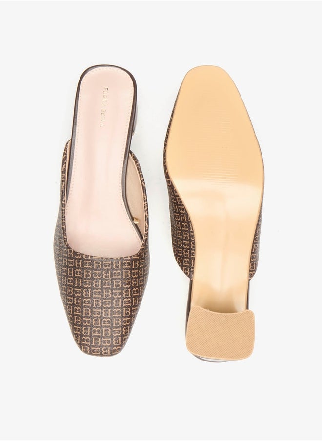 Flora Bella By Shoexpress - Women's All-Over Monogram Print Slip-On Mules with Block Heels - Image 1
