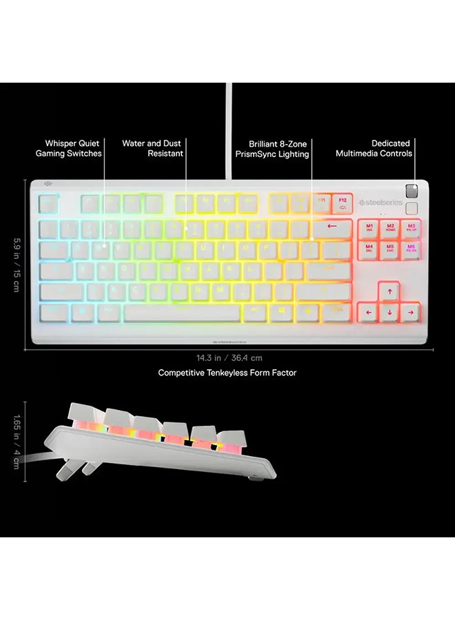 SteelSeries Apex 3 TKL RGB Gaming US layout Keyboard, Tenkeyless Compact Form Factor, 8-Zone RGB Illumination, Water and Dust Resistant, Whisper Quiet Gaming Switch - White - Image 3