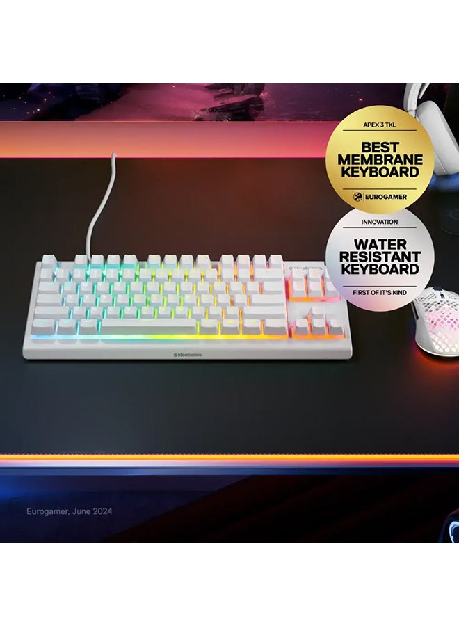 SteelSeries Apex 3 TKL RGB Gaming US layout Keyboard, Tenkeyless Compact Form Factor, 8-Zone RGB Illumination, Water and Dust Resistant, Whisper Quiet Gaming Switch - White - Image 2